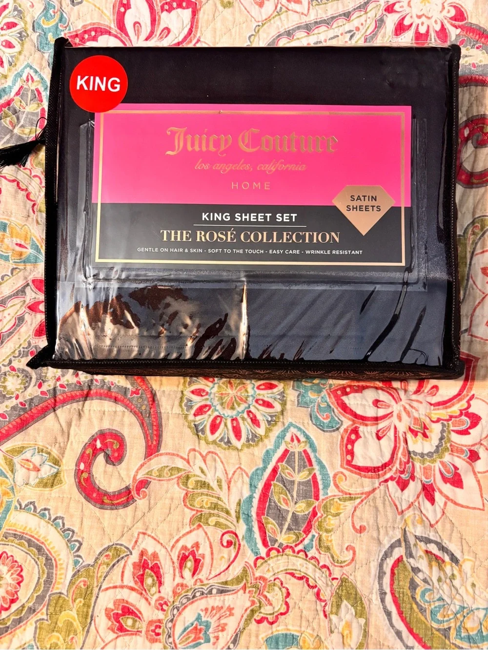 Juicy Couture Black King Sheet Set w/Pink Label-The Rose Collection New w/o tags